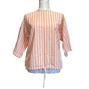 Vintage 60s Pink White Striped Top Womens Sz Large Drawstring Waist Barbiecore